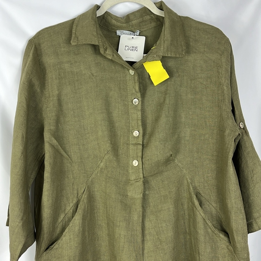 NWT Elena Baldi dress midi linen pockets roll tab sleeves Army Green Sz L - Picture 3 of 10